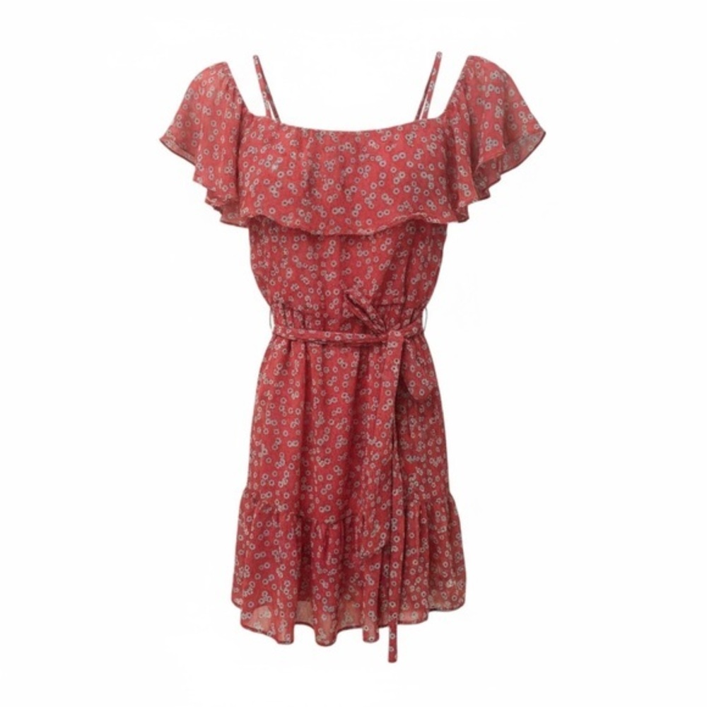B. Smart Red Off Shoulder Red Floral Mini Dress Sz 11 As